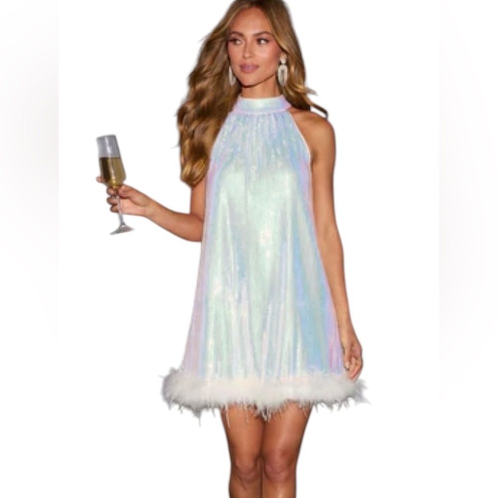 VICI Darling Dawn Sequin Feather Trim Mini Dress Size S NWT